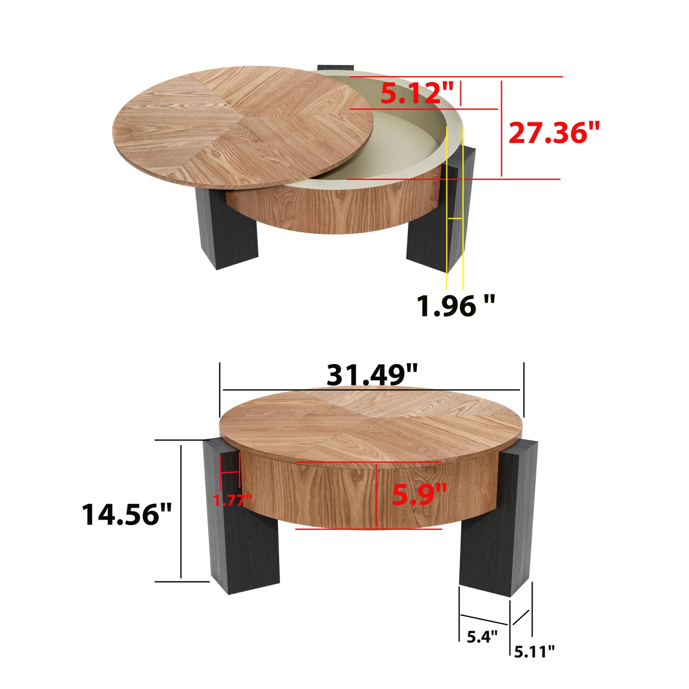 Noble House Lira 33" Round Coffee Table with Hidden Storage, Sturdy Accent Table for Living Room, Small Space, Natural