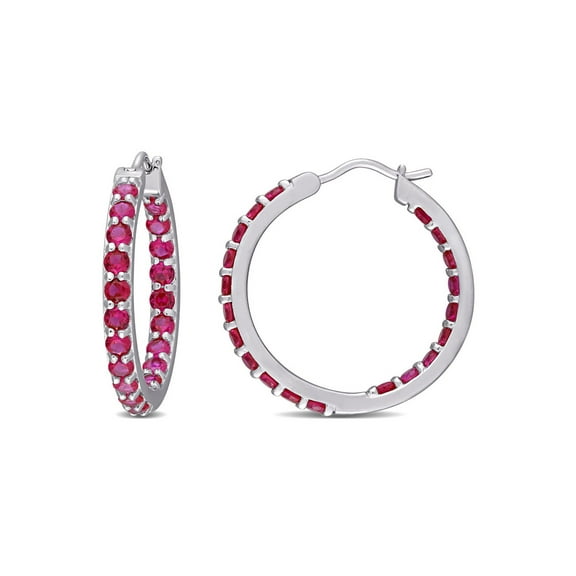 Gem & Harmony 3.00 Carat (Ctw) Lab-Created Ruby Hoop Earrings in Sterling Silver for Women