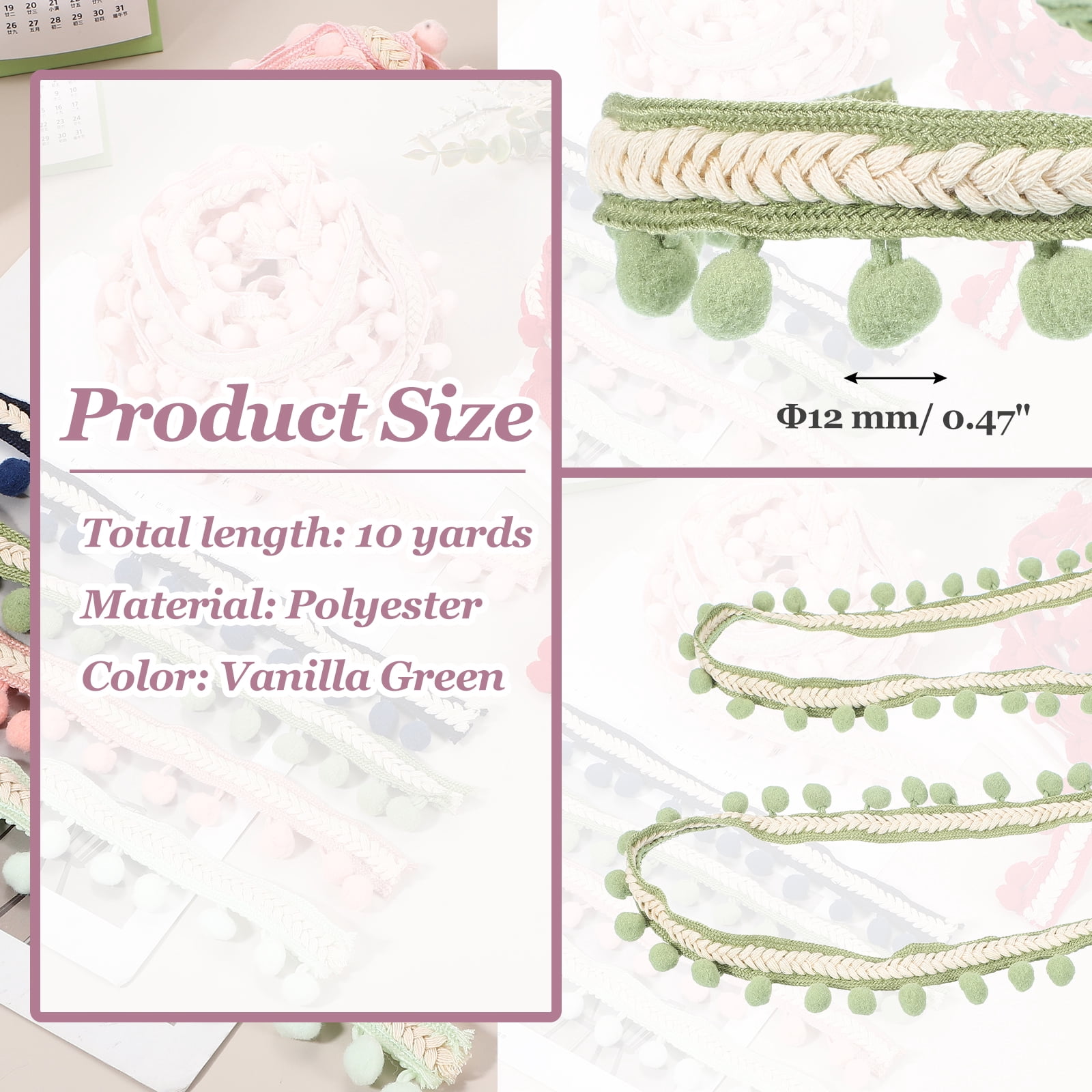 Uxcell 10 Yards Embroidered Pom Pom Ribbon, Fabric Trim Fringe Pom Pom Crafts Tassel Lace for Sewing DIY Clothing Bag Bedding Pillow Curtain Decoration, Vanilla Green
