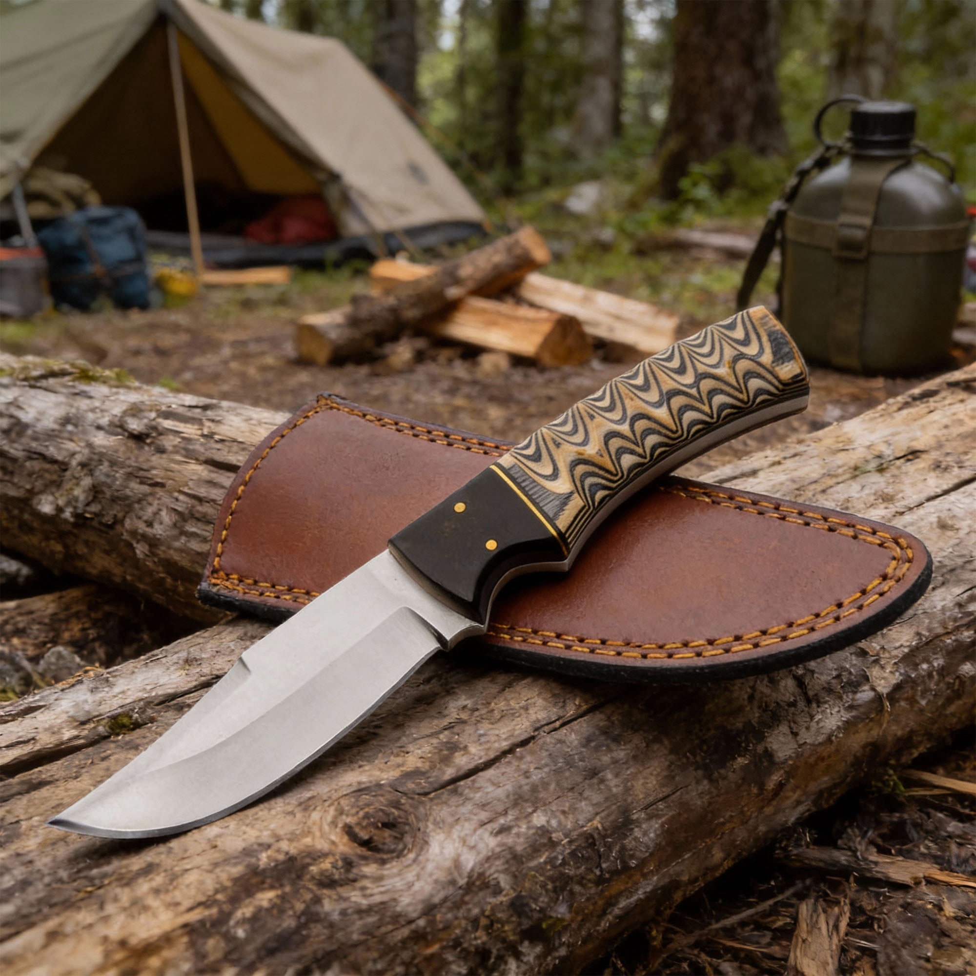 SZCO 8.5" Ashwood Utility Knife with Grooved Colorwood Handle & Leather Sheath