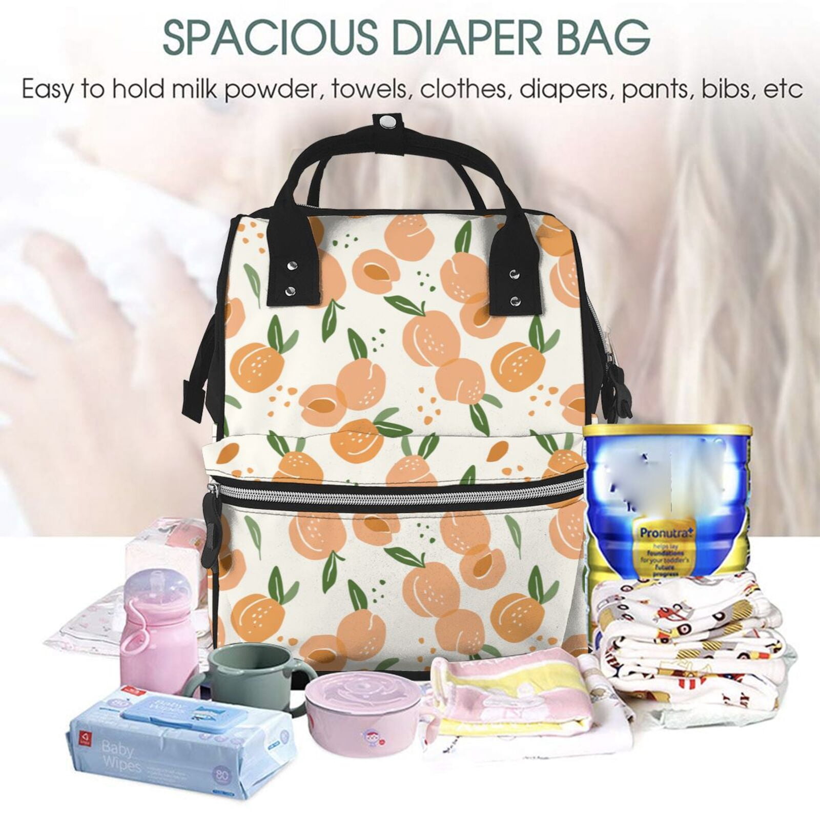 Ratiio Peaches Mummy Backpack - Waterproof Twill Canvas, Large Capacity Diaper Bag with Multiple Pockets and Adjustable Straps