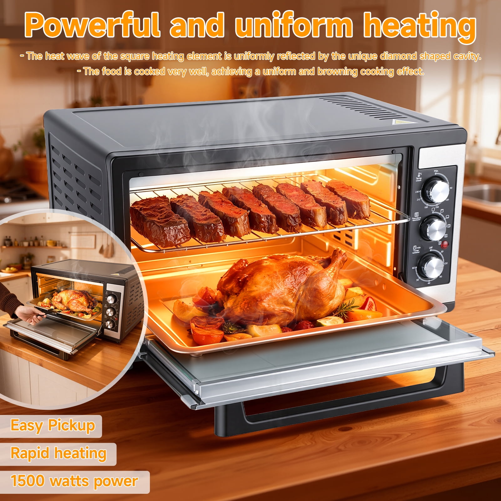 Large 46L Convection Toaster Oven, 9-in-1 Kitchen Countertop Oven with Crispy Roast, Dehydrate, Rotisserie, Includes 6 Accessories, 1500W, Black, Stainless Steel