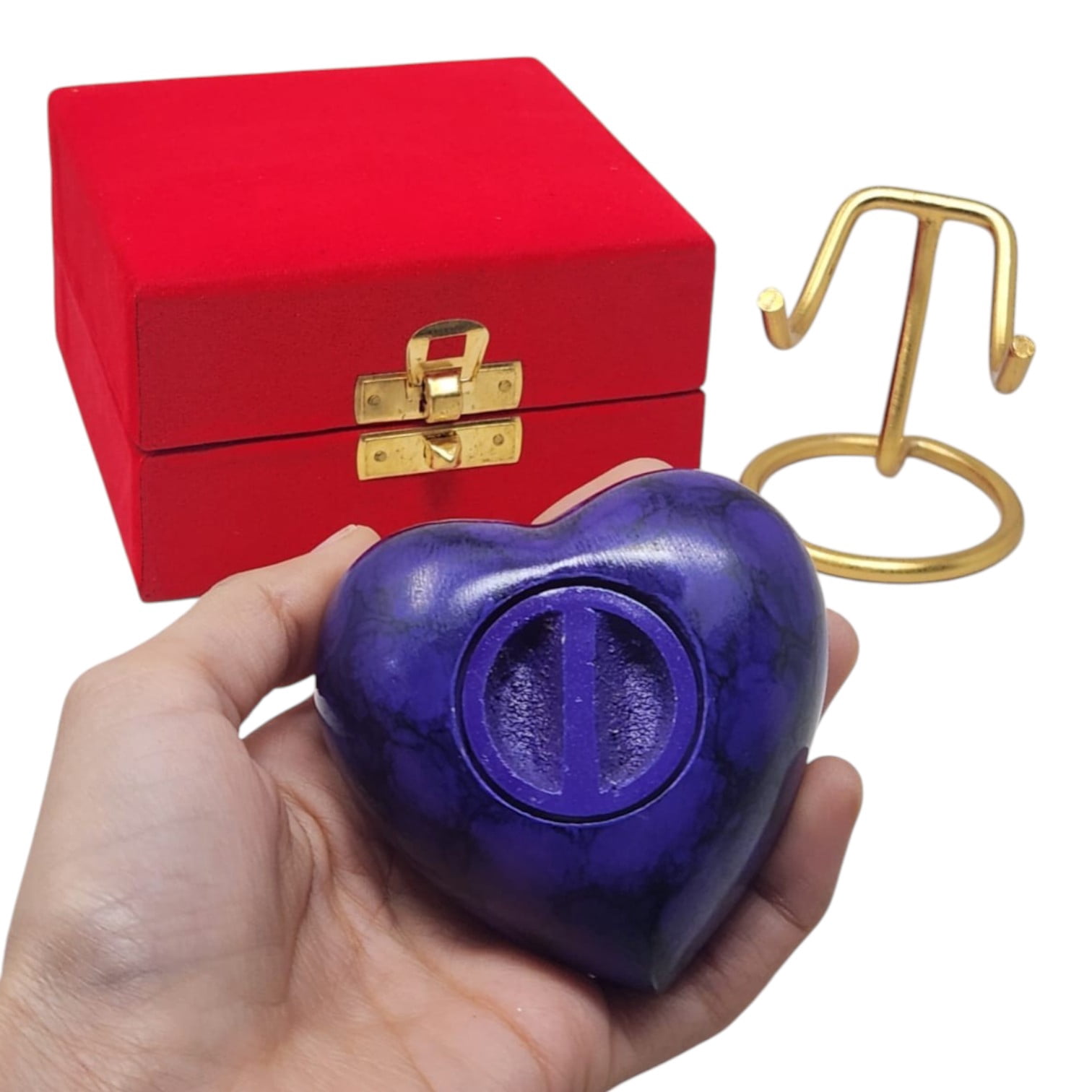 SMIURNS Custom Engraved Royal Purple Marble Finish Heart-Shaped Keepsake Memorial Cremation Urn for Ashes Human or Pet Remains - Gold Display Stand and Red Velvet Gift Box