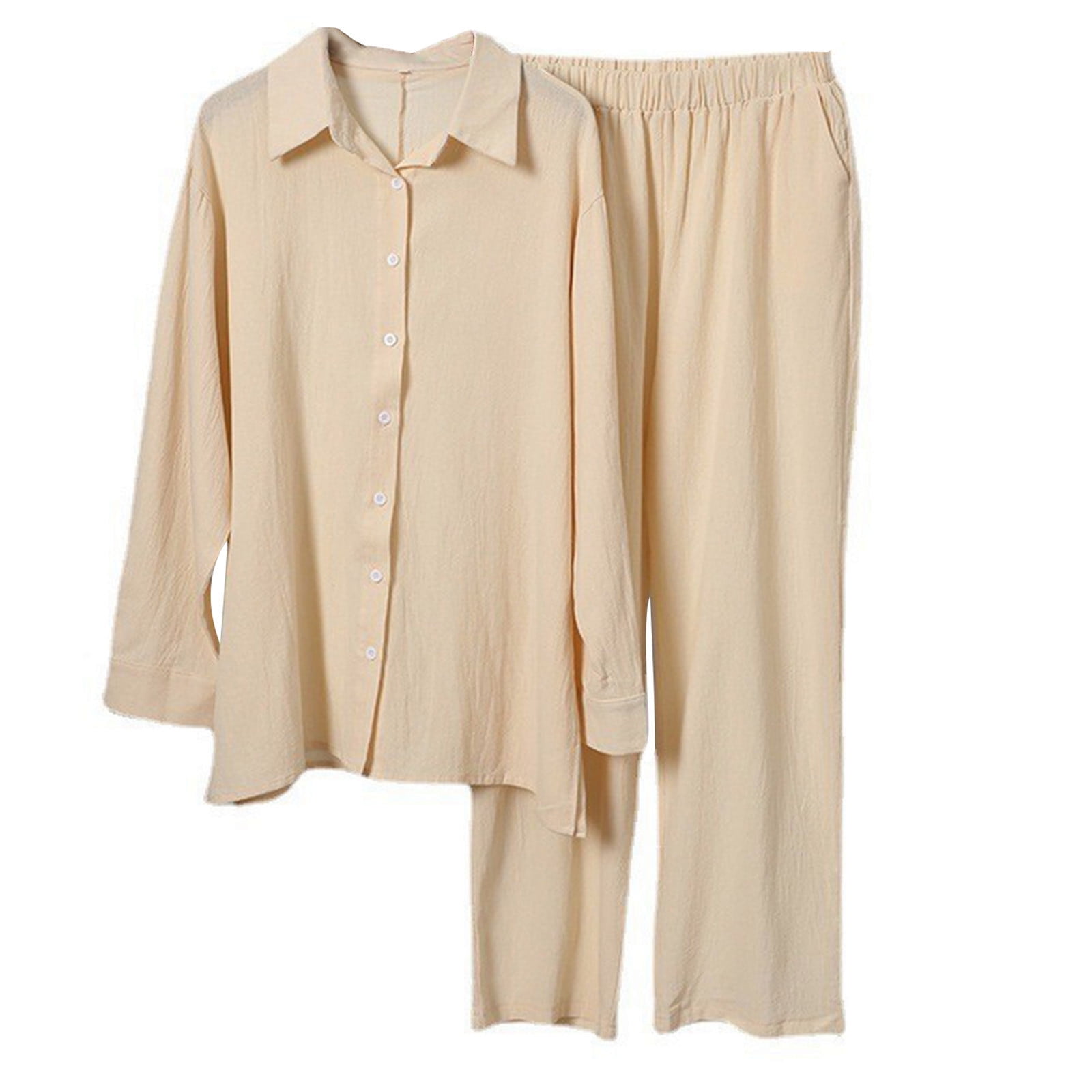 YUSHE Japanese Fabric 2-Piece Set - Long Sleeve Collared Shirt & Wide-Leg Elastic Waist Pants
