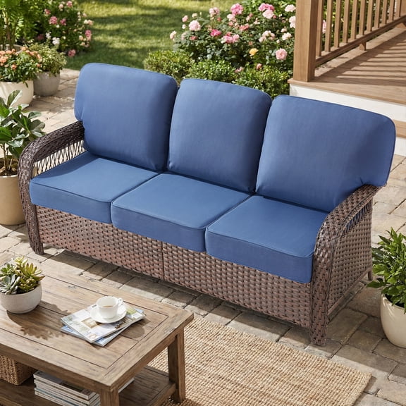 Opohoro 75.2" Outdoor Patio Wicker 3-Seat Couch, Brown PE Rattan Patio Furniture Sofa with Wide Armrests and Blue Cushions for Porch or Backyard
