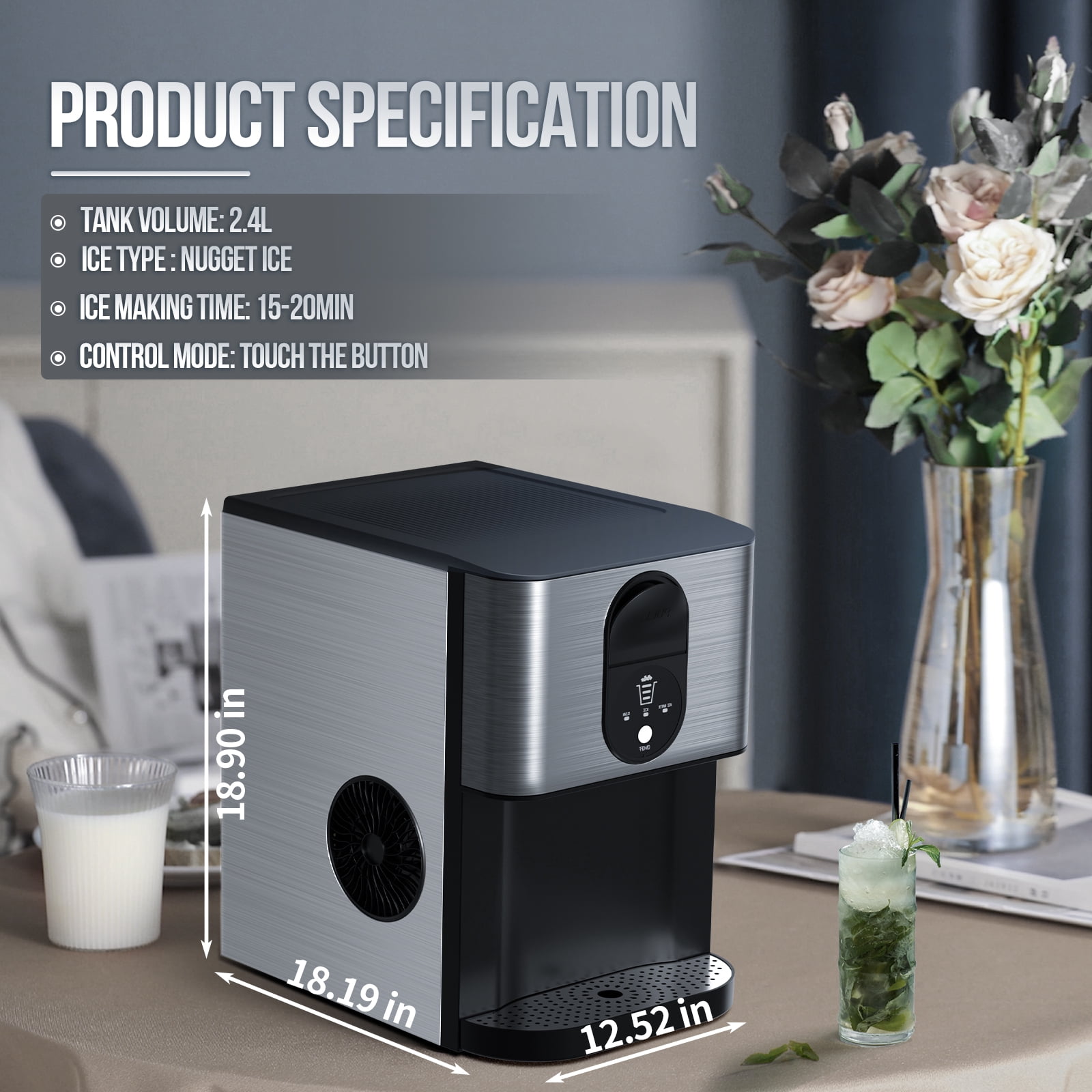 Auseo Ice Maker Countertop with Soft Chewable Ice, 44 Lbs/24H, Self-Cleaning, One-Click Operation for Home/Party(Silver)