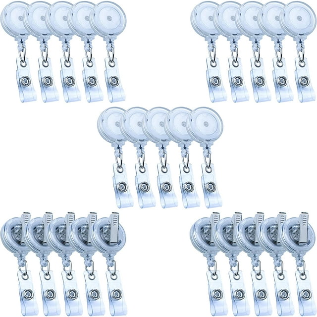 LAICAIW Lot de 25 Moulinets de Badge Rétractables avec Pince, Pinces pour Badges, Moulinet de Badge Rétractable avec Sangle en Vinyle Transparent et Pivot Crocodile, Distributeur Sans Torsion (Transparent)