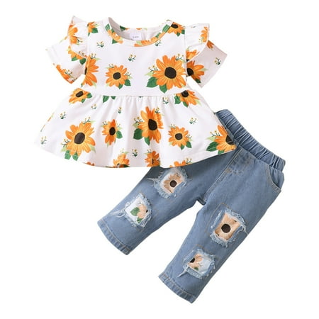 

Baby Girls Outfits Sunflower Print Short Sleeve Round Neck Ruffle Sleeve Top+Ripped Jeans Pants 2PCS Clothes Set 9-12 Months Yellow