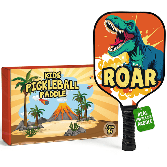 Kids Pickleball Paddle – Dinosaur Design for Ages 3–12 | Lightweight 0.37 lb Fiberglass Paddle with Small Grip | Fun Beginner Pickleball Gift for Boys & Girls
