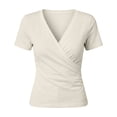 thumbnail image 6 of Women's Summer Cross Over V Neck Pleated Elegant Solid Color Fitted Short-Sleeve T-Shirt Casual Top Beige L, 6 of 6