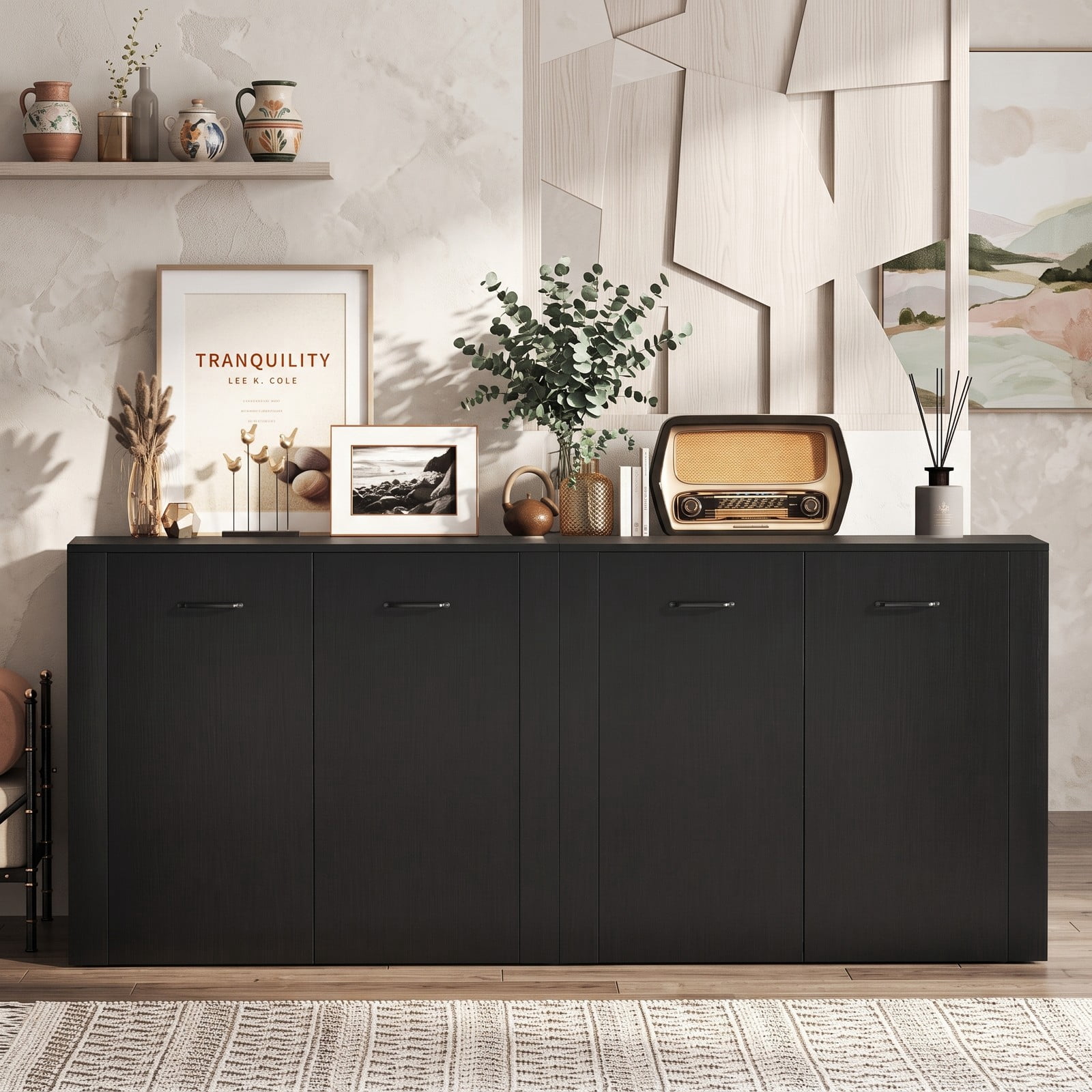 Furnibear 38 Inch Modern Buffet Sideboard Cabinet with Storage, Free Standing Kitchen Credenza Console Table with Cube Shelves for Living Room Dining Room, Black