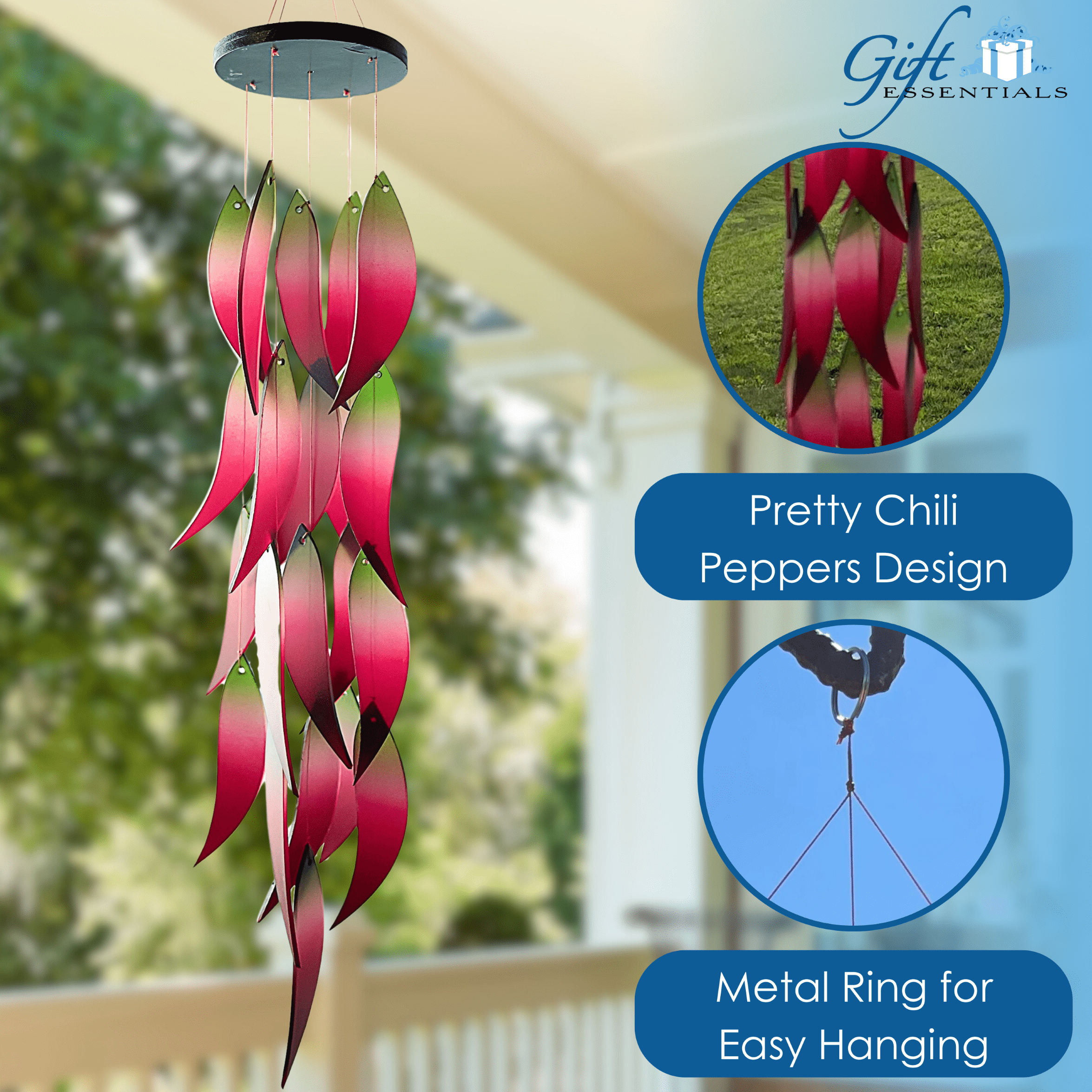 Blue Handworks Wind Chimes Hot Chiles Sandblasted Glass Wind Chime for Outdoor