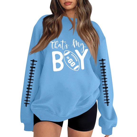 longantii Women's Crewneck Sweatshirts Long Sleeve Game Day Unisex Tops Modern Fit Graphic Pullover Cozy Spring Fall Lounge Outfit Blue L