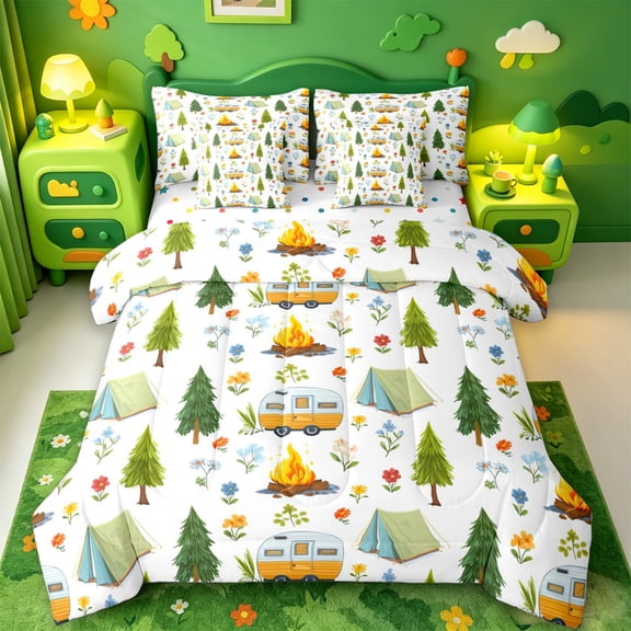 Catabedysis Floral Camping 7-Piece Twin Bedding,Caravan Tent Pattern Bedding Comforter Set For Boys,Multicolor,Polkadot Reversible