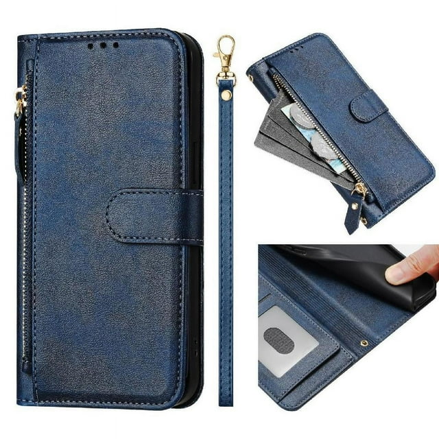 Funda para Motorola MOTO G55 con cremallera tipo cartera, tarjetero, marco de fotos, soporte y cordón, de piel sintética. azul