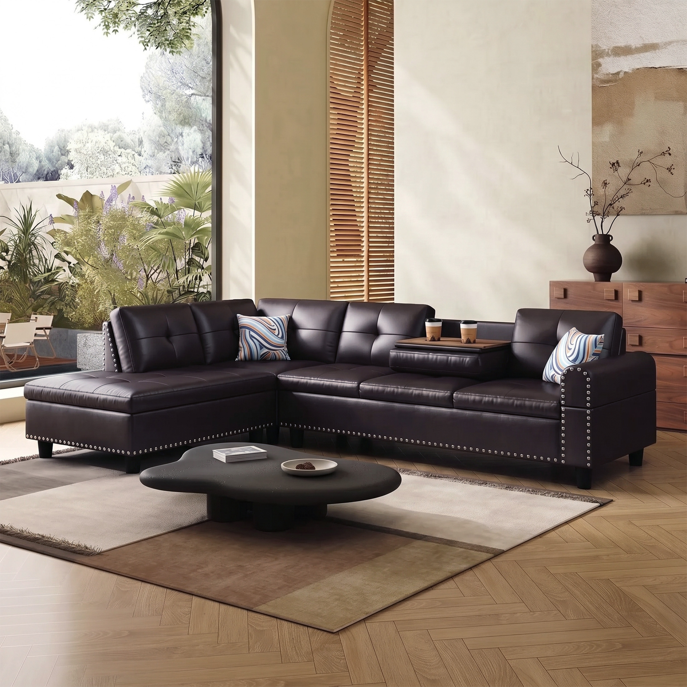 AENKYO 98" L-Shaped Sectional Sofa with Reversible Chaise and Cup Holders, Faux Leather, Brown