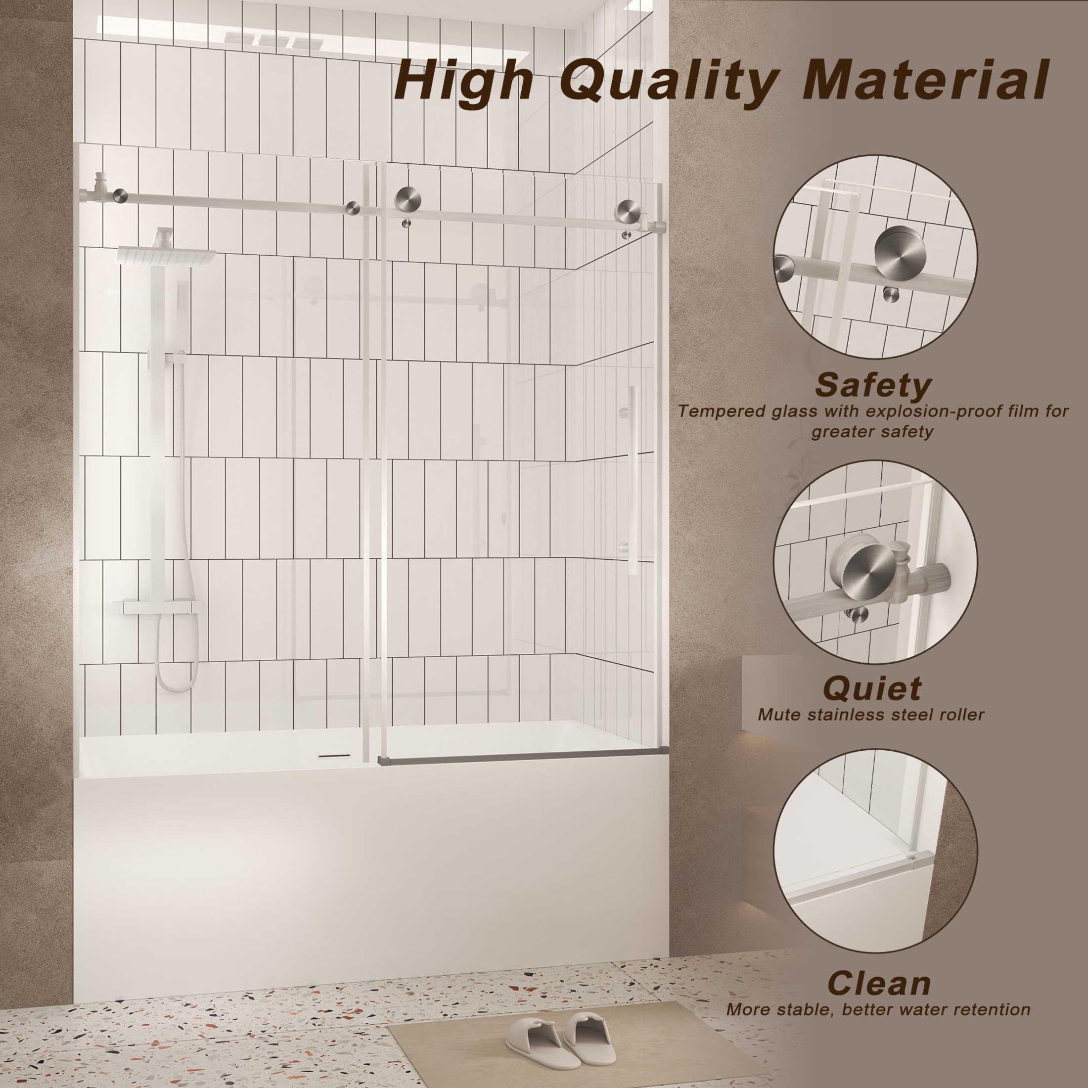 Noble House 60"x60" Frameless Sliding Shower Door, Tempered Glass with Stainless Steel Handle, Brushed Nickel