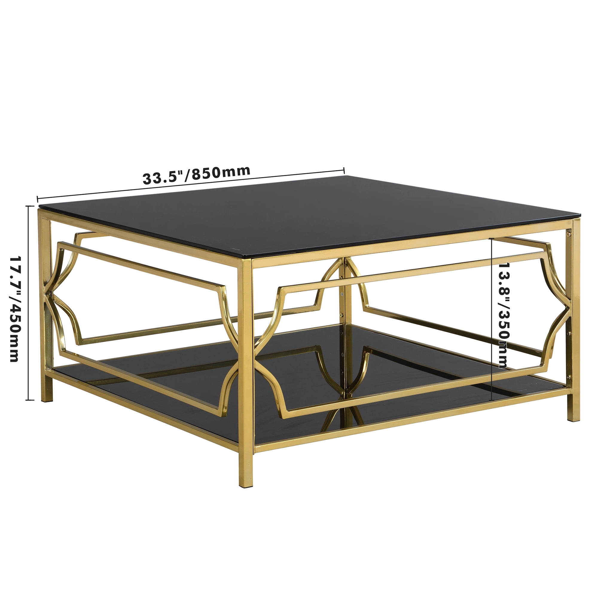 Square Glass Coffee Table in 33.5",Luxurious Geometric Metal Frame,Gold Finish & Lower Shelf