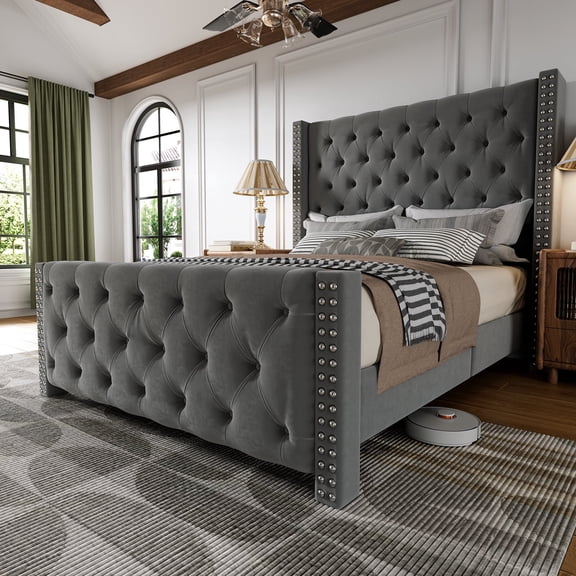 Velvet Upholstered Wingback Platform Bed Frame with Button Tufted Headboard, Wood Slat Support, No Box Spring Needed