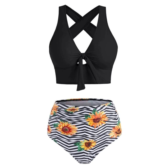 DOPI Women's Fashion Floral Print Neck Halter Sexy Split High Waist Bikini Swimsuit