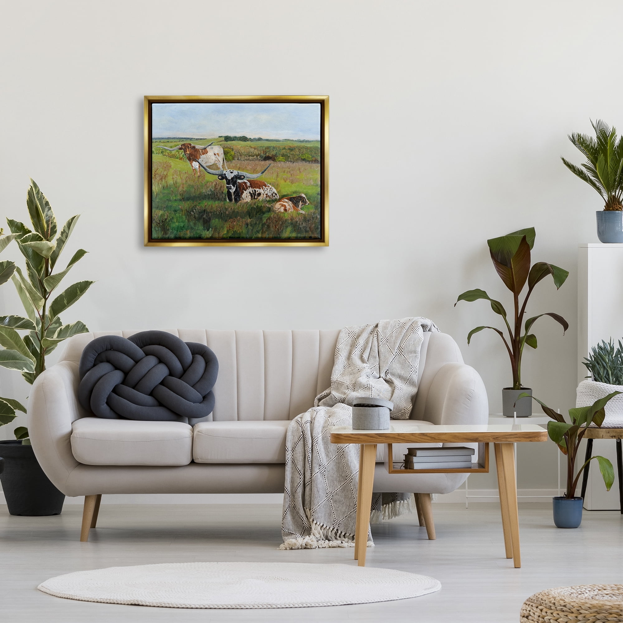 Stupell Country Pasture Longhorn Cattle Animals & Insects Painting Gold Floater Framed Art Print Wall Art