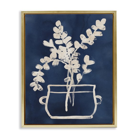 Stupell Industries Scandinavian Blue Plant Herbs Outline Gold Floating Frame Canvas Art, 17 x 21, by June Erica Vess