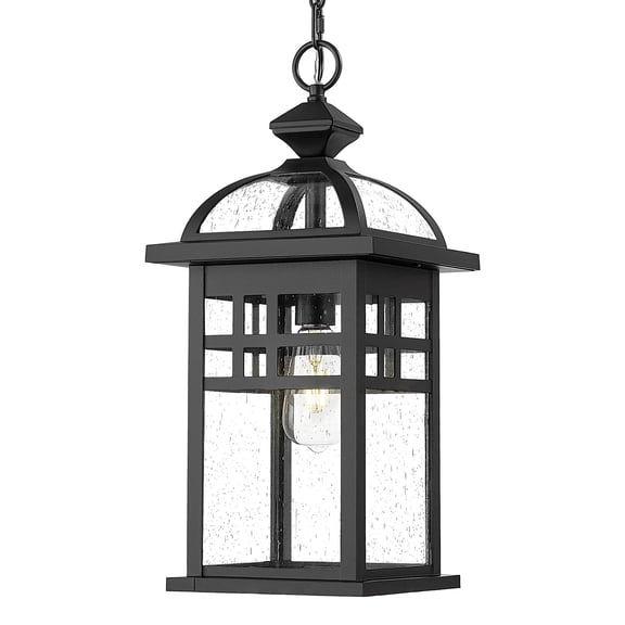 Emliviar 20 inch Outdoor Pendant Light for Porch, Die-Cast Aluminum with Seeded Glass, Black Finish, DE281H-M BK