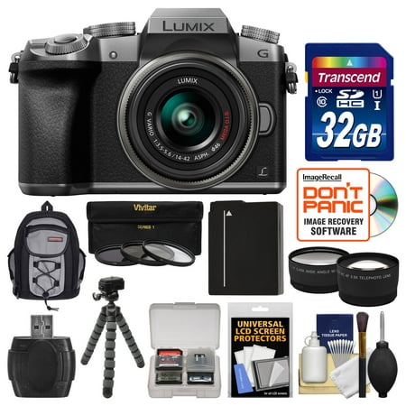 Panasonic Lumix DMC-G7 4K Wi-Fi Digital Camera & 14-42mm Lens (Silver) with 32GB Card + Backpack + Battery + Flex Tripod + Filters + Tele/Wide Lens Kit