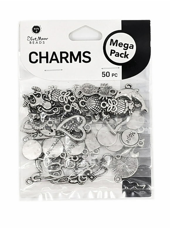 Blue Moon Beads Silver Metal Mega Value Charm Pack for DIY Jewelry Making, 50 Piece-Unisex, Adult