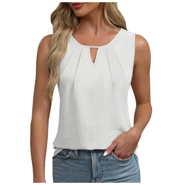 Débardeur d'Été Sans Manches pour Femmes - Chemise de Travail Décontractée, Matériau Polyester, Col Rond Plissé devant, Tenue Habillée Ample 2024