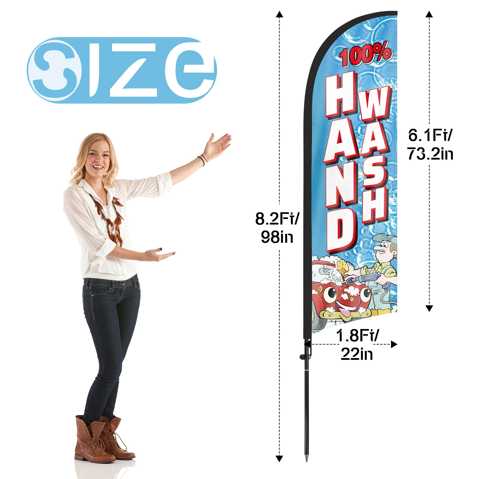 QSUM 100% Hand Car Wash Feather Flag with Flag Pole Kit and Ground Spike, 8.2FT 100% Hand Car Wash Windless Flag Banner Sign Business for Outdoor Advertising Sign Decoration Display