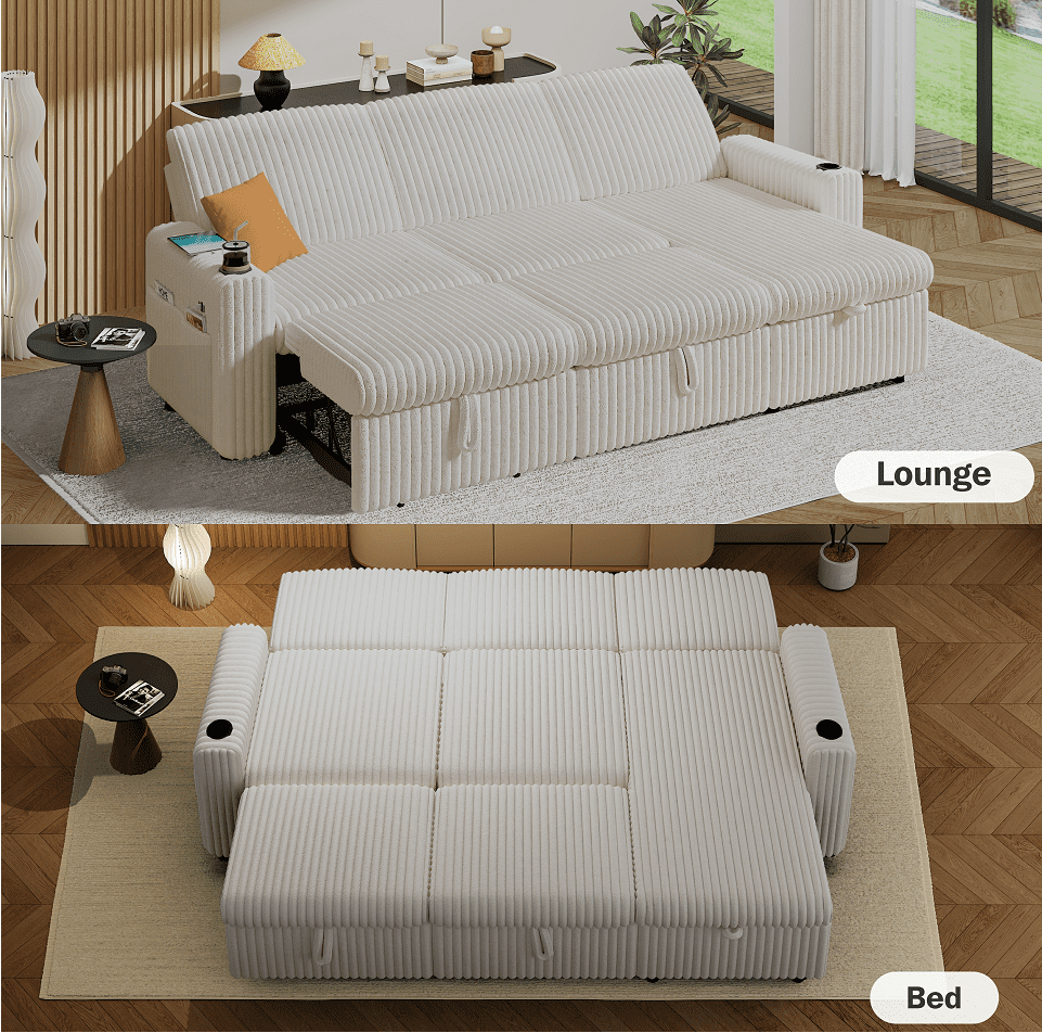 101” Detachable Mattress Sleeper Sofa with Pull-Out Mattress - L-Shaped Design, Adjustable Backrest + Reversible Storage Chaise, USB Ports/Cup Holders, Quick Assembly, Soft Beige Corduroy