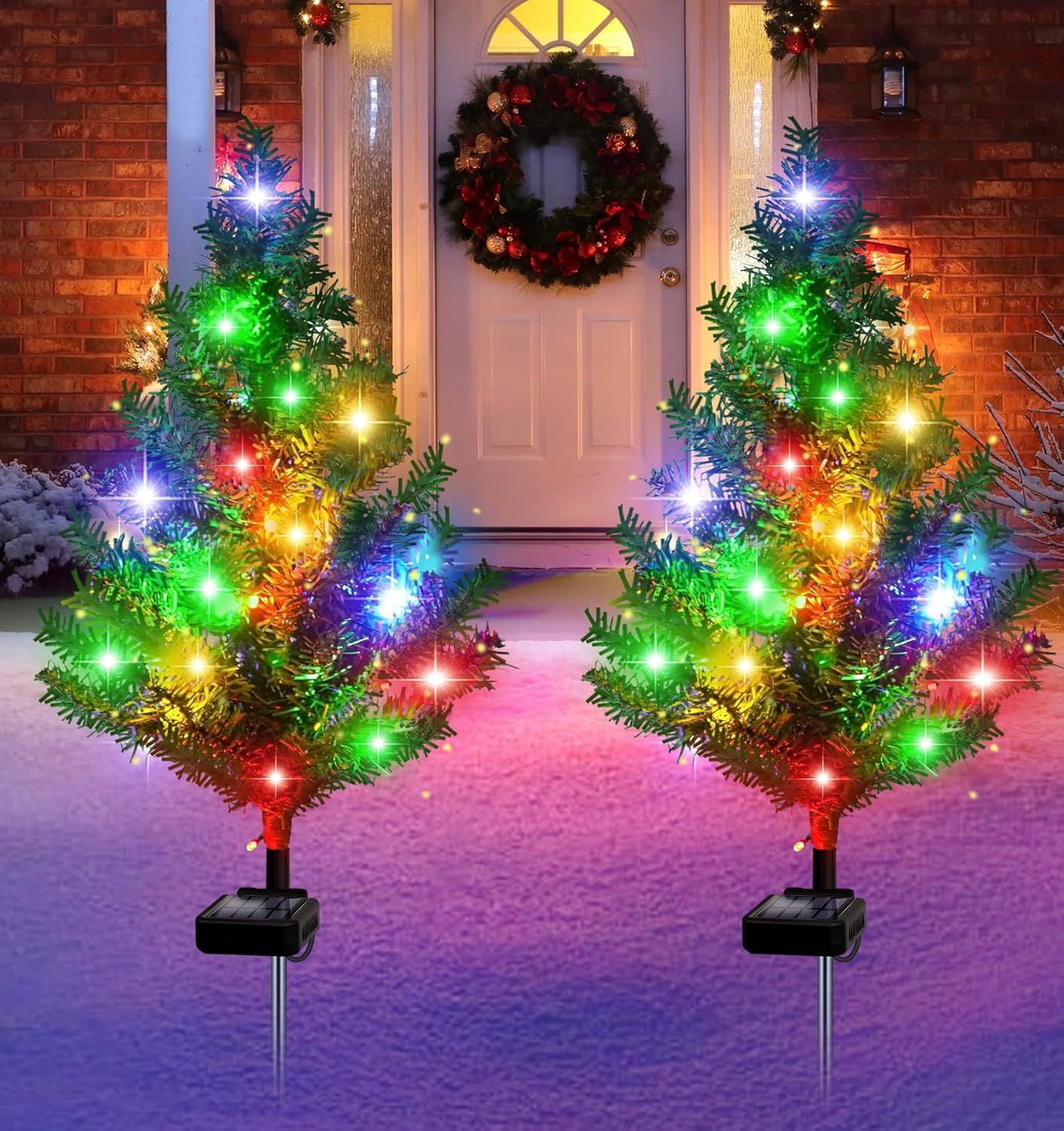 Solar Christmas Tree Outdoor Decor, Waterproof Solar Xmas Decorations Garden Stake Lights, Multi-Color LED Christmas Décor for Outside Landscape Pathway Porch Yard Holiday (4 Pcs Pink)