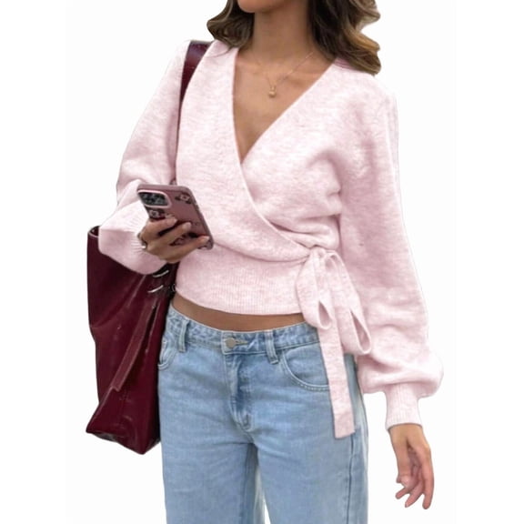 Women'S V Neck Wrap Sweater Long Lantern Sleeve Cinched Waist Crop Tops Fall Knitwear Pink XL
