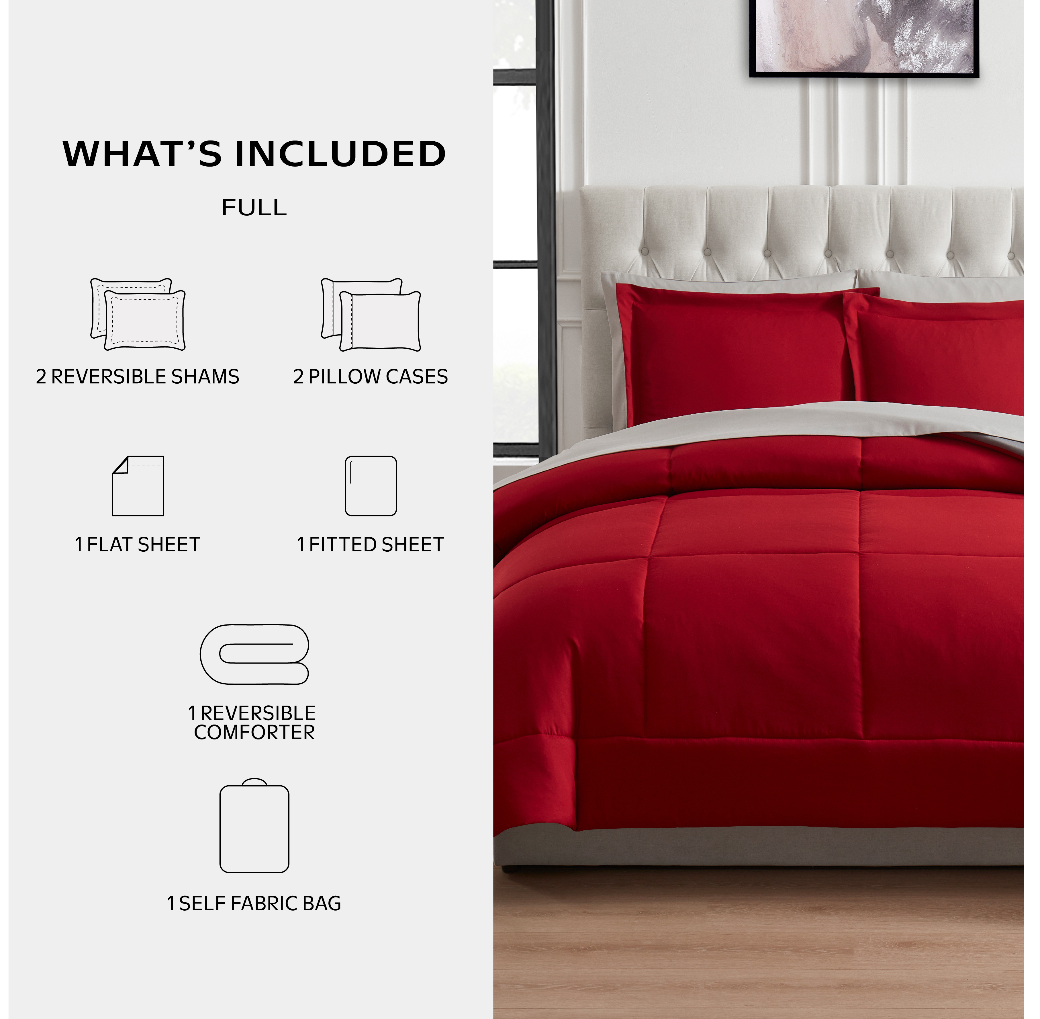 MAINSTAYS ALL IN ONE REVERSIBLE COMFORTER AND SHEET SET- 7 PIECE, FULL, RED