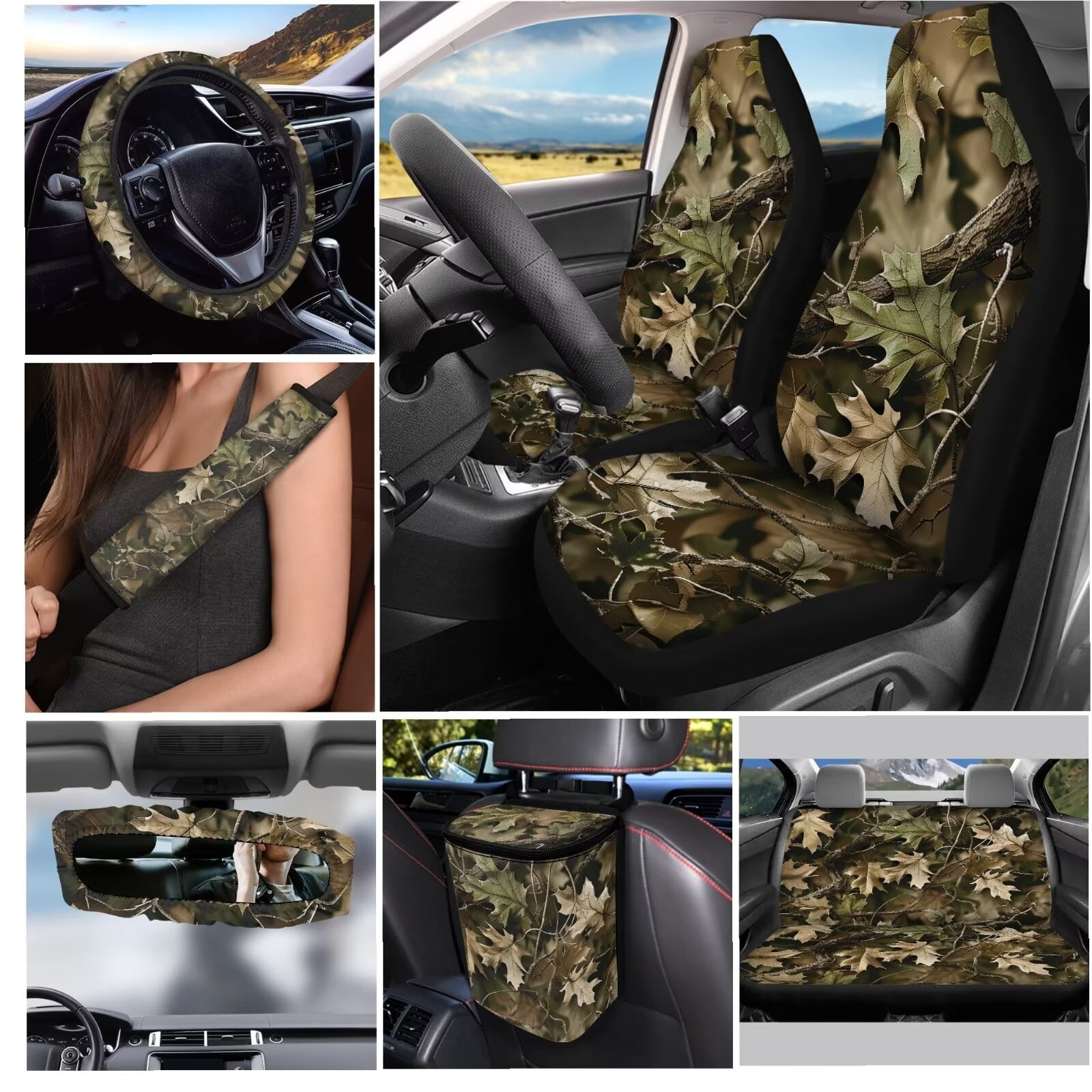 JOAIFO Universal Fit Car Seat Covers Full Set with Steering Wheel Cover Car Accessories for Women Front Rear Seat Covers Wrist Strap Seat Belt Cover for SUV Car(Leaves)