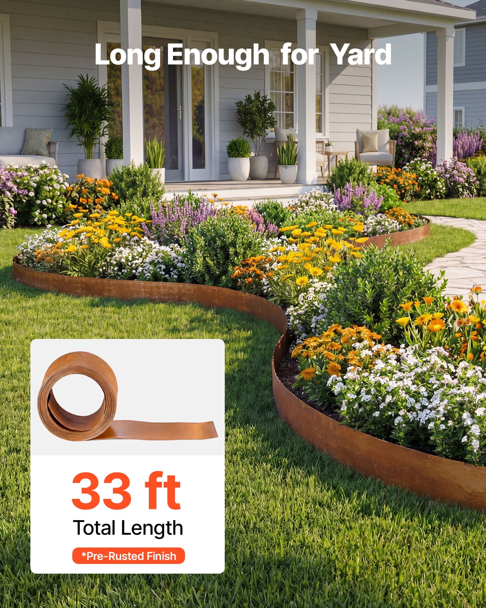 VEVOR Carbon Steel Landscape Edging, 33 ft x 5.5 in Steel Edging for Landscaping with Gloves, Easy-to-Install Bendable Metal Strips, Metal Garden Edge Border for Flower Bed, Yard Pathway, Rust
