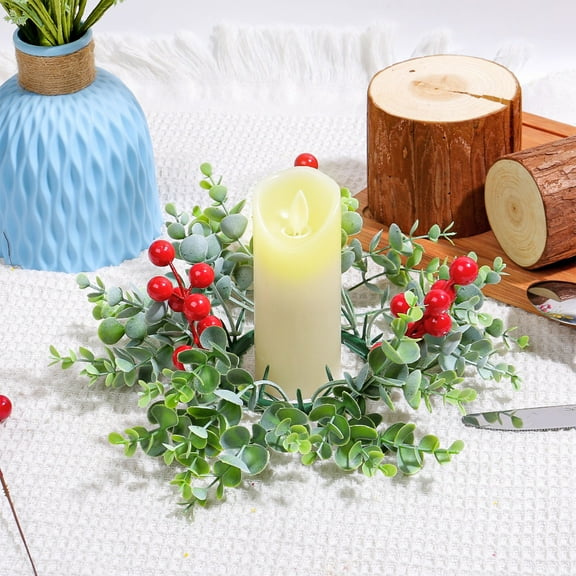 Guozer Christmas Napkin Rings 1PCS Small Wreaths for Indoor Candle Ring, Red Berry and Pinecone Christmas Candle Ring Wreath for Party, Table