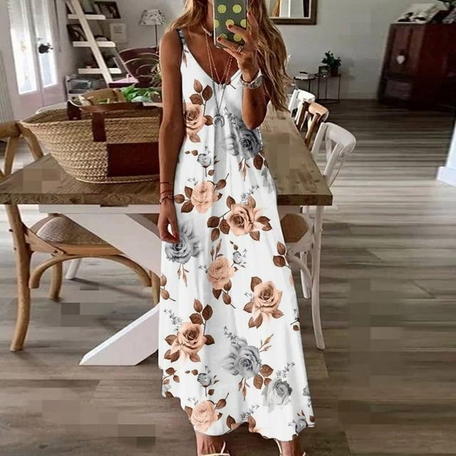 SMihono Robe Maxi Bohème d'Été pour Femmes Grande Taille Mode d'Été Imprimée Col en V Sans Manches Bretelles Robe Chandail Plage Robe d'Été
