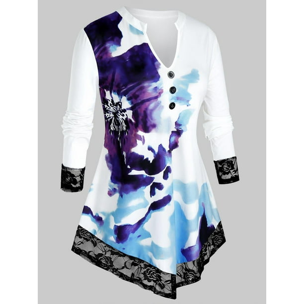 Más el tamaño de la impresión floral acuarela panel de encaje de la camiseta Rosegal Mangas largas de talla grande
