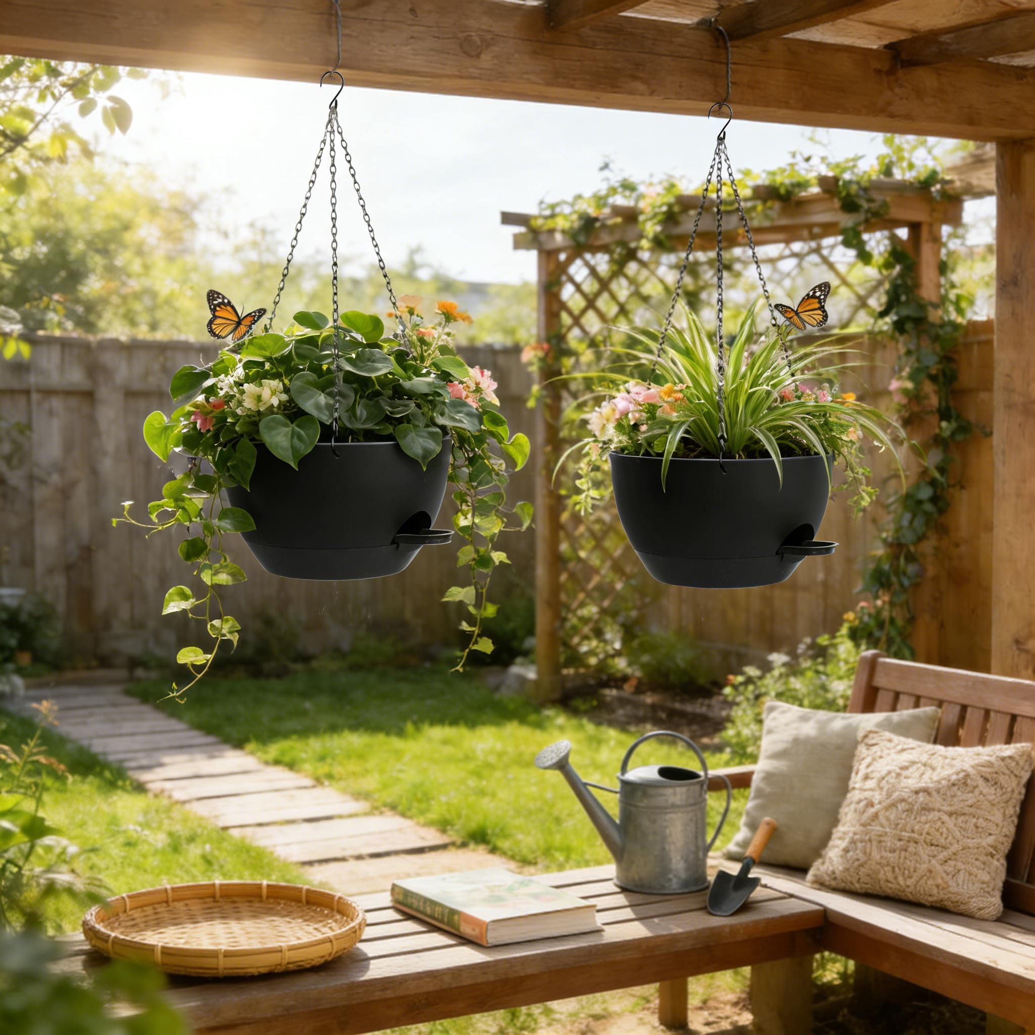 13 Inch 2 Pack Large Self Watering Hanging Planters For Indoor Outdoor Plants  Plant Pots With Removable 50 Oz Reservoir Plastic Basket Window Porch Garden Balcony Black