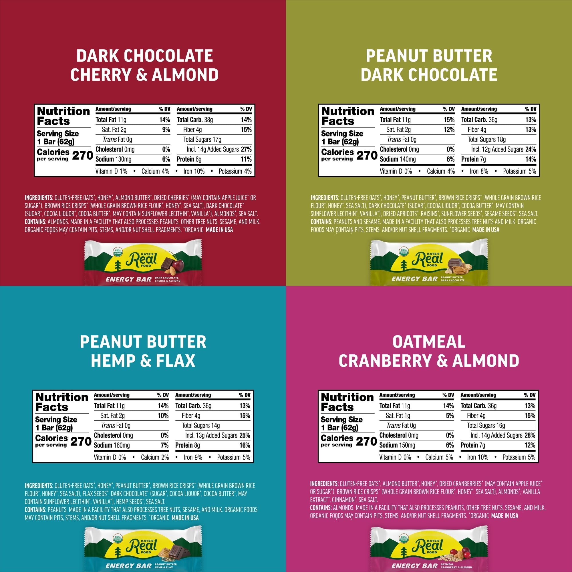Kate’s Real Food Organic Granola Variety Pack All Natural Granola Bars - Non GMO, Soy Free, Whole Grain, and Made with Gluten Free Oats - 12 count