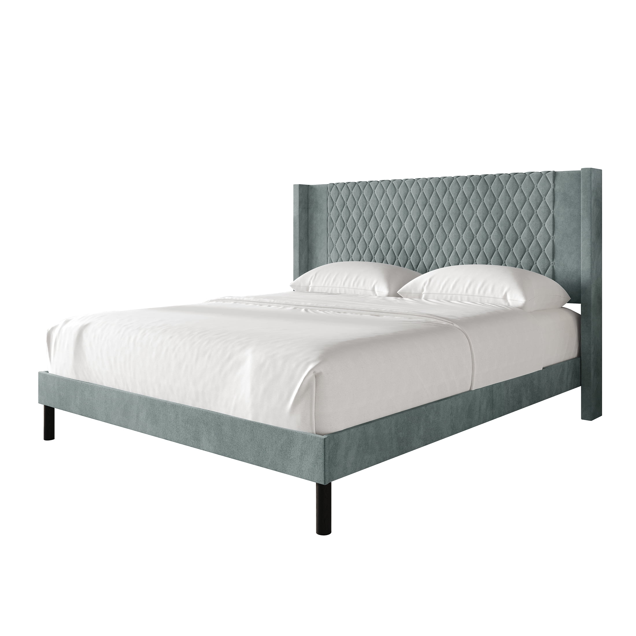 Castle Place Transitional Diamond-Stitched Velvet Wingback King Platform Bed, Light Blue