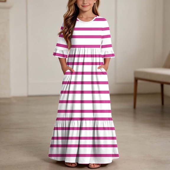 ITSAME Girls Striped Maxi Dress Ruffle Short Sleeve Round Neck Loose Fit Summer Comfy Casual A-Line Dress Pink Size 5T