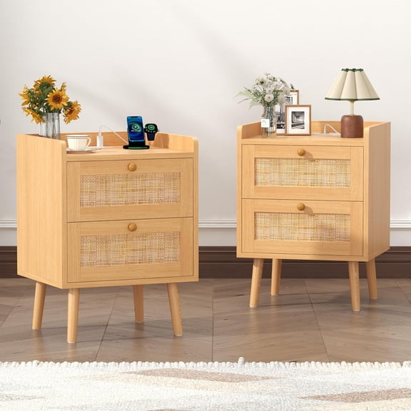 Nightstands Set of 2, Small Night Stands with Charging Station, Wood Rattan Bed Side Table Sets with 2 Storage Drawers & Wooden Handles, Farmhouse Boho End Tables for Bedroom, Living Room, Sofa