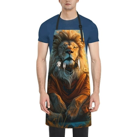 

Xecao Prairie Meditating Lion Print Kitchen Cooking Aprons Waterproof Adjustable Bib Aprons with 2 Pockets for Women Men Chef
