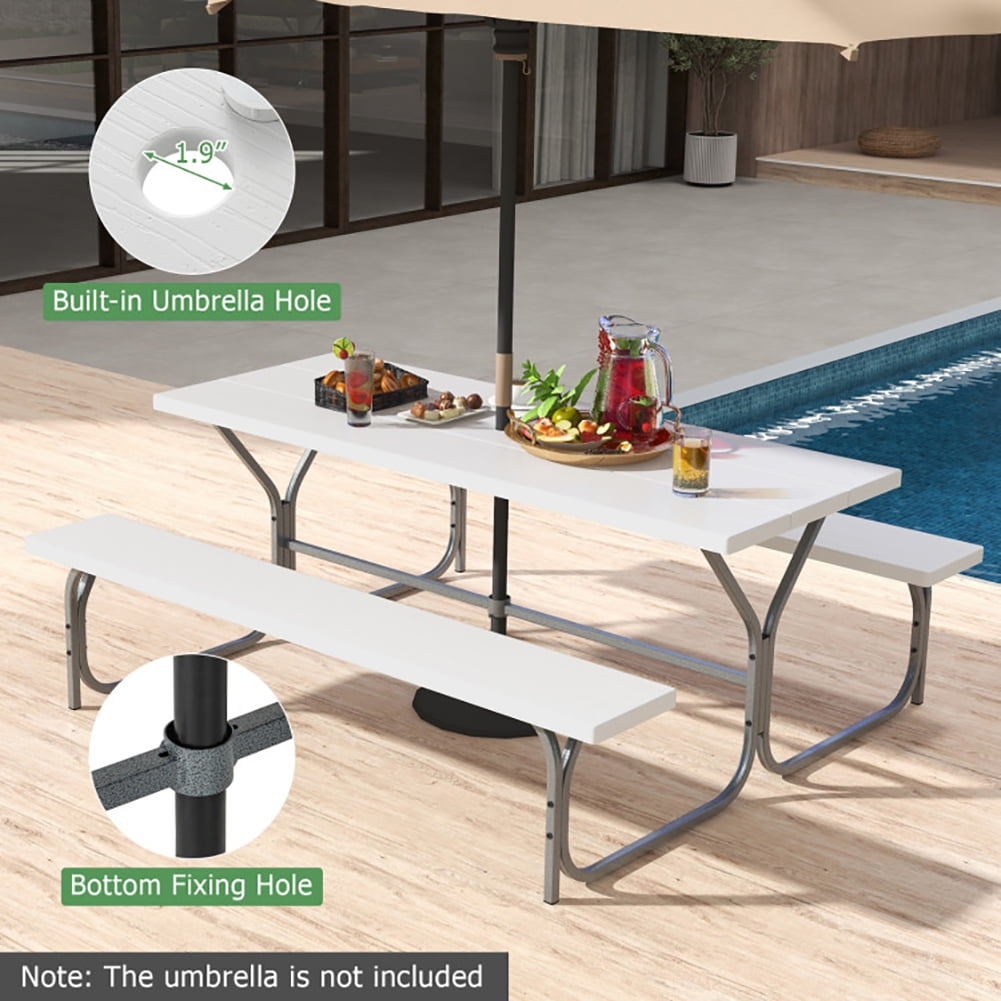 Aimee Lii 6 FT Picnic Table Bench Set Dining Table and 2 Benches with Metal Frame and HDPE Tabletop, Outdoor Patio Furniture, White Aimee Lii 6 FT Picnic Table Bench Set Dining Table and 2 Benches with Metal Frame and HDPE Tabletop, Outdoor Patio Furniture, White