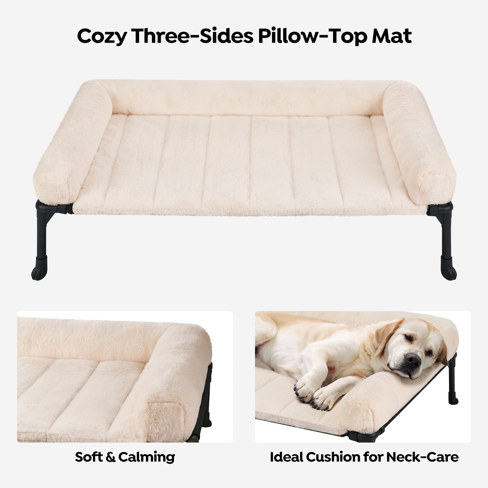 Veehoo Cooling Elevated Dog Bed with Fluffy Plush Bolster Cushion, 42 x 30 inches, Cream White