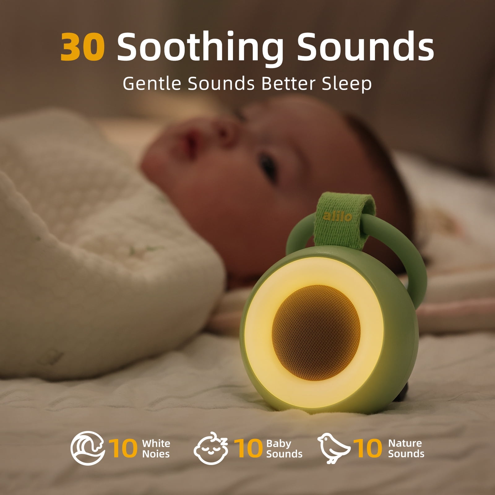 alilo Pocket Soother, Portable Baby Sound Machine with Night Light, 30 Soothing Sounds, White Noise, Timer, Memory, Newborn Gift