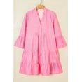 thumbnail image 3 of Women's Pink Stripe Flare Sleeve Half Placket Tiered Mini Dress - Casual Spring Style | L, 3 of 10